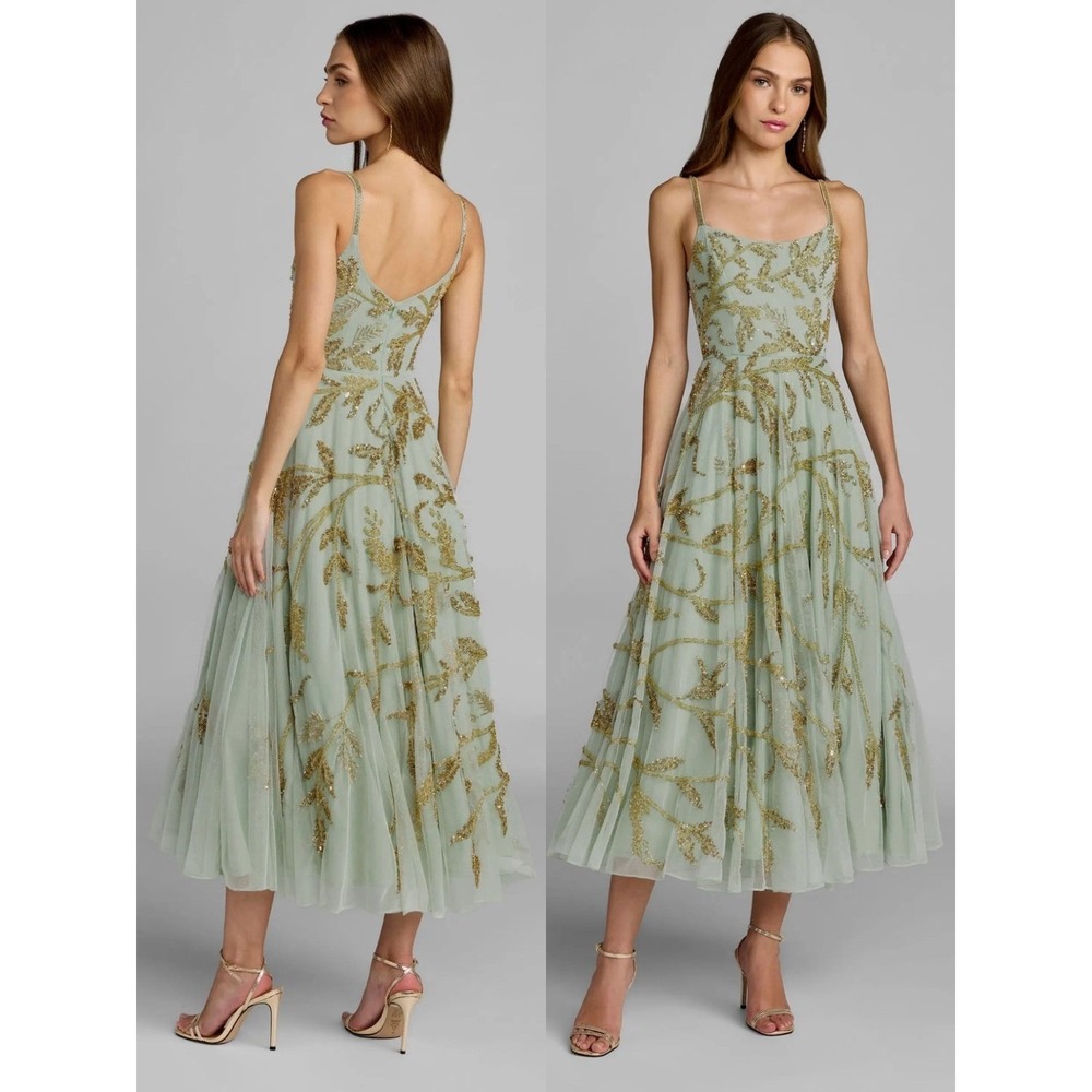 NWT Mac Duggal Green and Gold Floral Hand Beaded Midi Dress $798 - Size 14